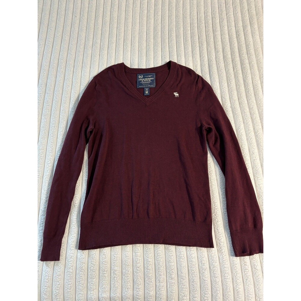 Y2K Abercrombie & Fitch V-Neck 100% Cotton Sweater Men medium burgundy red moose